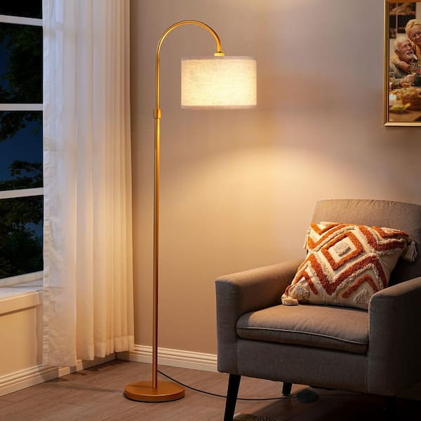 61.8 in. Gold 1-Light Arc Floor Lamp for Bed Room With Fabric Drum Shade