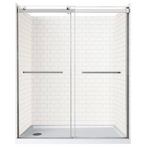 Double Roller 60 in. L x 32 in. W x 78 in. H Left Drain Alcove Shower Stall Kit in White Subway and BNH