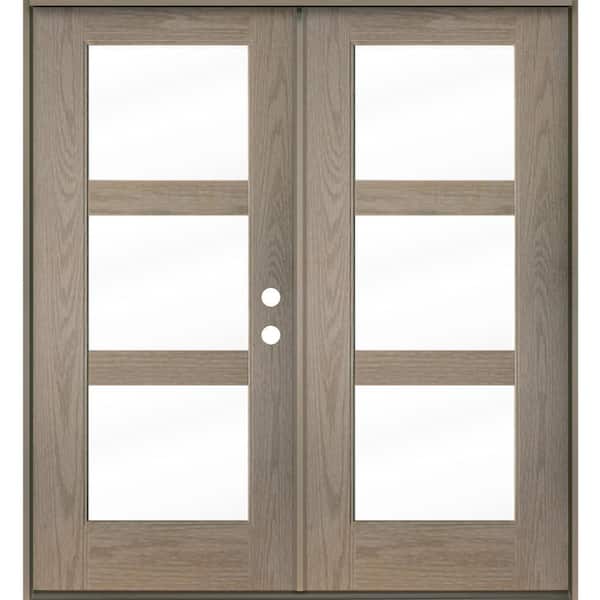 Krosswood Doors Modern 72 in. x 80 in. 3-Lite Left-Inswing Clear Glass Oiled Leather Stain Double Fiberglass Prehung Front Door