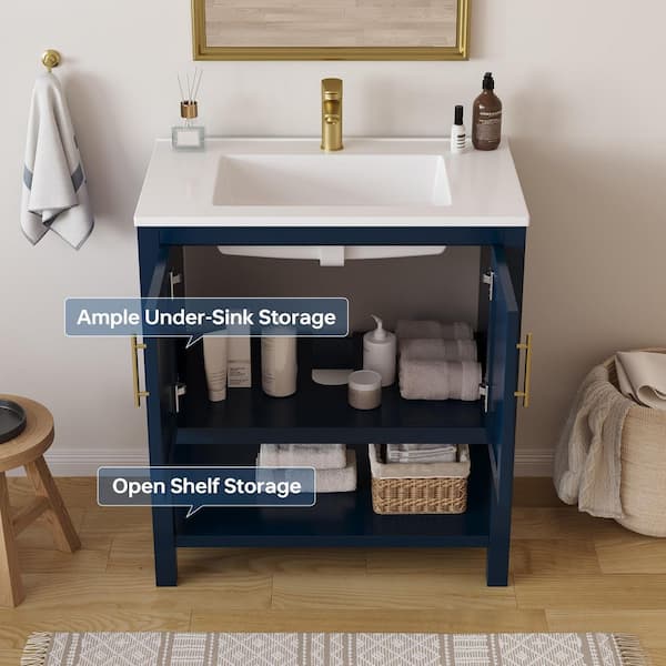 Blake 31 in. Single Sink Navy Blue Bath Vanity with White Engineered Solid Surface Top and Fluted Doors (Unassembled)