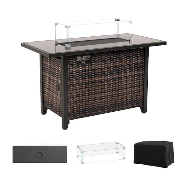 Brown 43 in. Rattan Wicker Rectangle 50,000 BTU Propane Gas Fire Pit Table with Glass Wind Guard and Cover