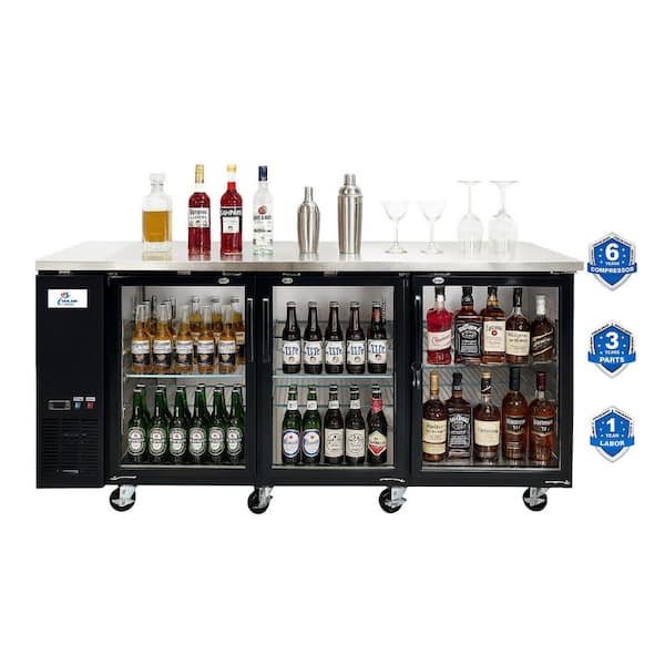 72 in. W 19.6 cu. Ft. Commercial Glass Door Under Back Bar Cooler Refrigerator in Black with Stainless Steel
