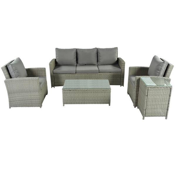 5-Piece Patio Wicker Outdoor Sectional Set with Gray Cushions BYY621-8 ...