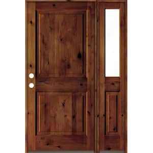56 in. x 80 in. knotty alder Right-Hand/Inswing Clear Glass Red Chestnut Stain Square Top Wood Prehung Front Door w/RHSL