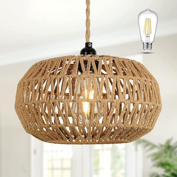 Boho 12 in. 1-Light Black Rattan Pendant Light Chandelier with Bulb Included