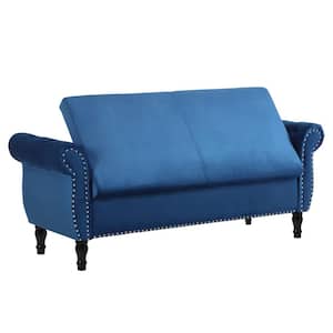63 in. W x 22.1 in. D x 24 in. H Blue Velvet Tufted Storage Bench With A Pillow