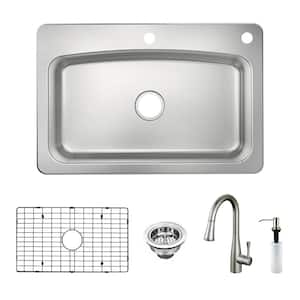Belmar Dual Mount 18-Gauge Stainless Steel 33 in. 2-Hole Single Bowl Kitchen Sink with Grid, Drain, Faucet and Soap Pump