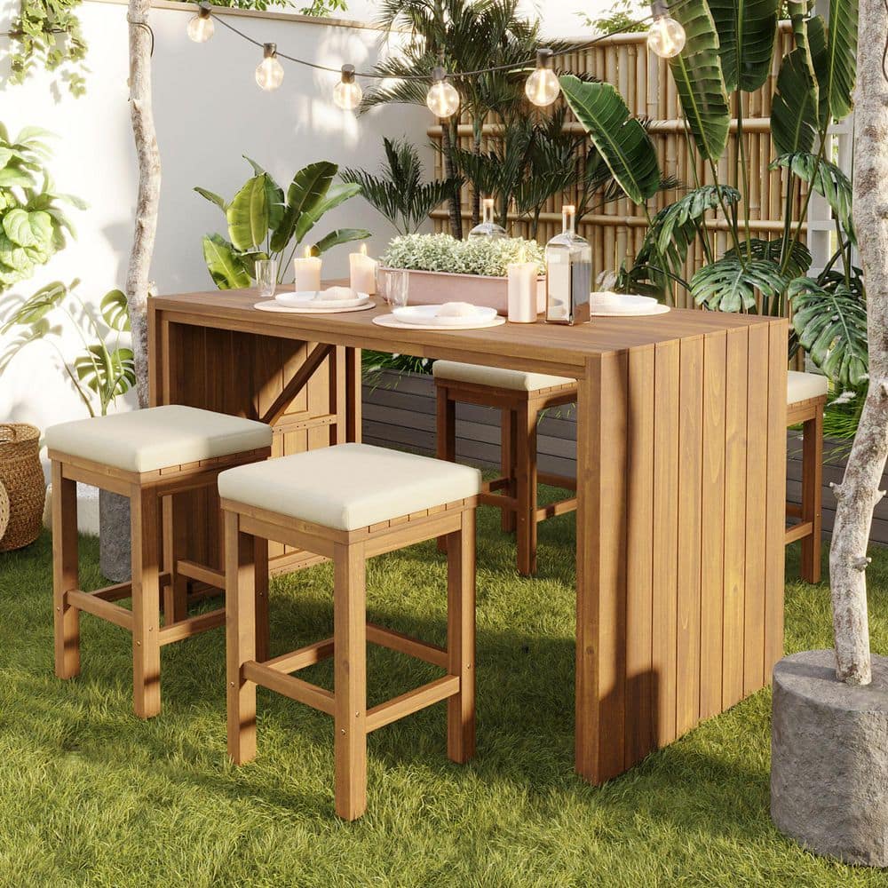 Cesicia Natural 5-Piece Wood Bar Height Outdoor Dining Set with