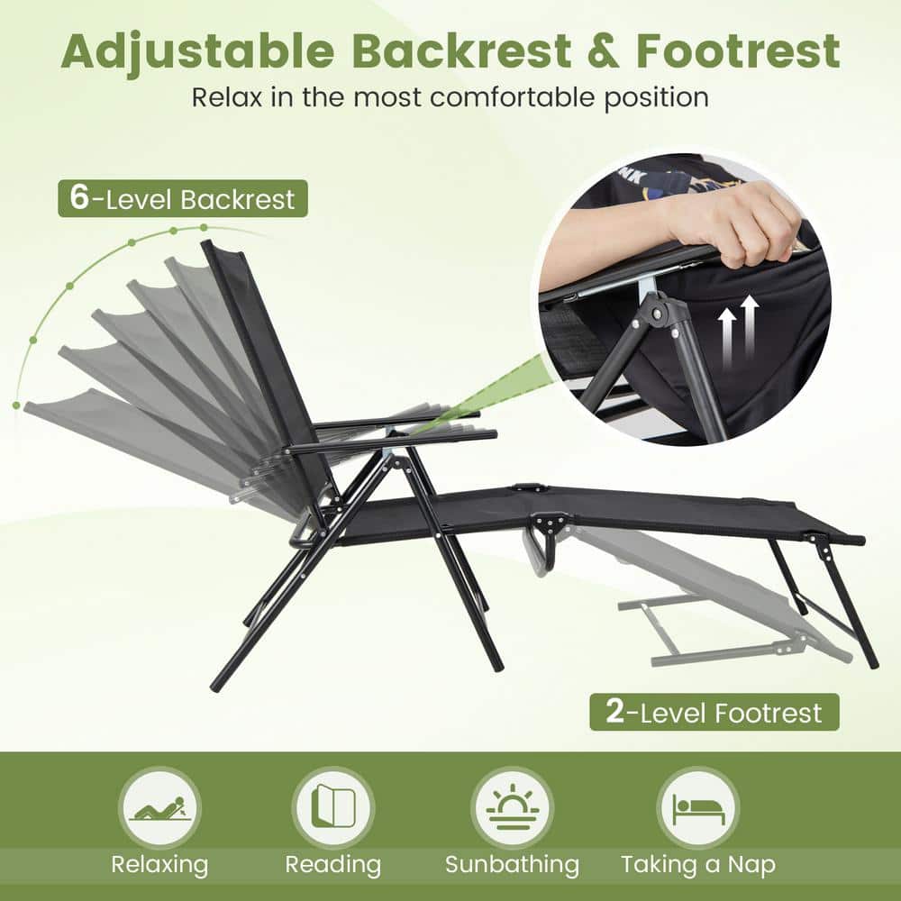 Black Iron Folding Outdoor Chaise Lounge Chairs with Breathable Fabric, Set of 2