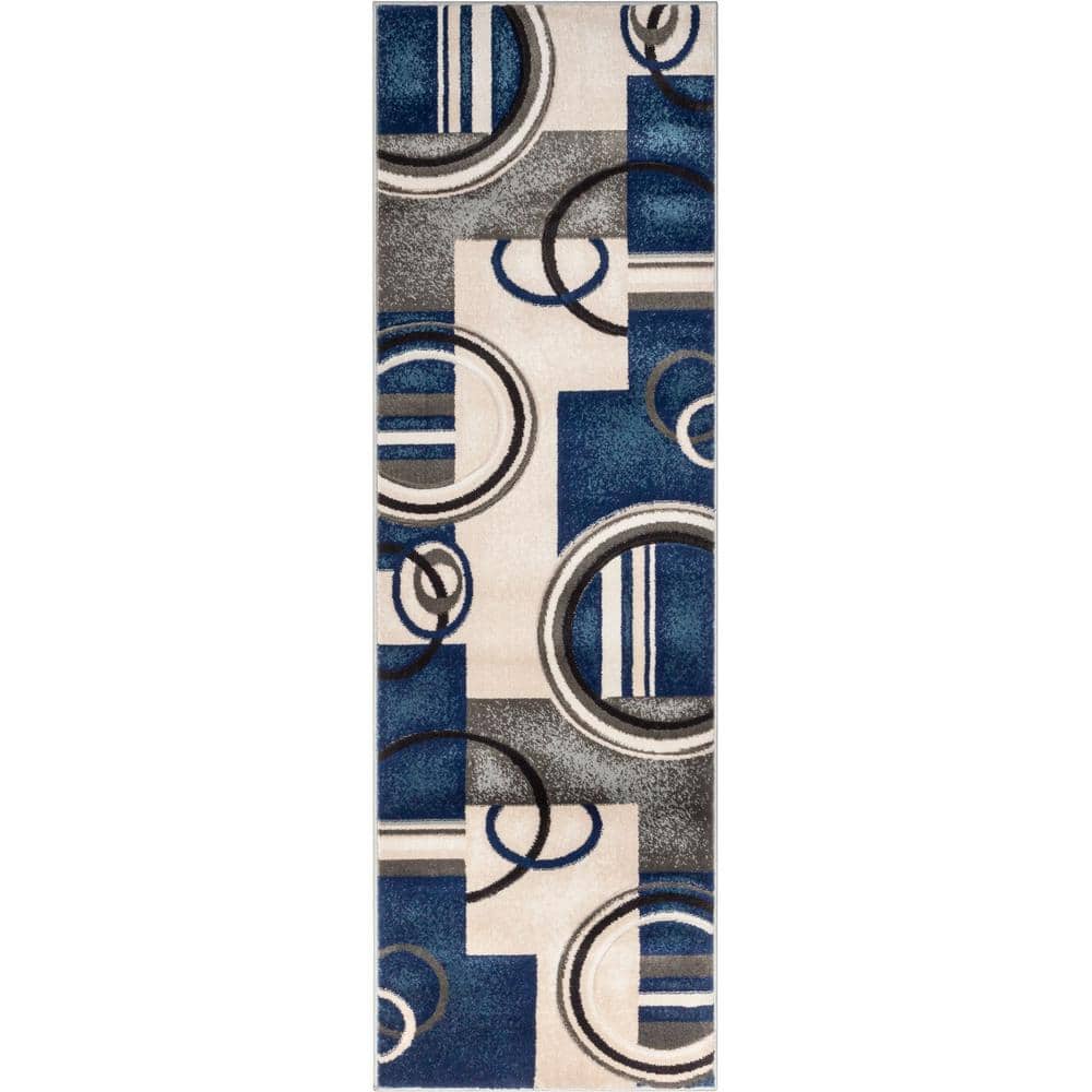 Dark Blue Geometric Synthetic Runner Rug 2'7" x 7'3"