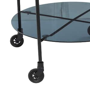 26 in. x 19 in. Round Black Metal Wheeled Coffee Table with Teal Enamel Tray Top and Tinted Glass Shelf