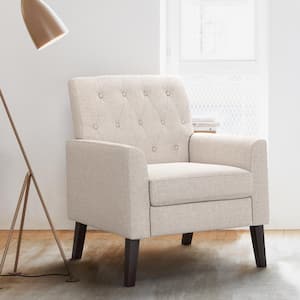 Beige Linen and Walnut Legs Mid Century Modern Button Tufted Accent Chair