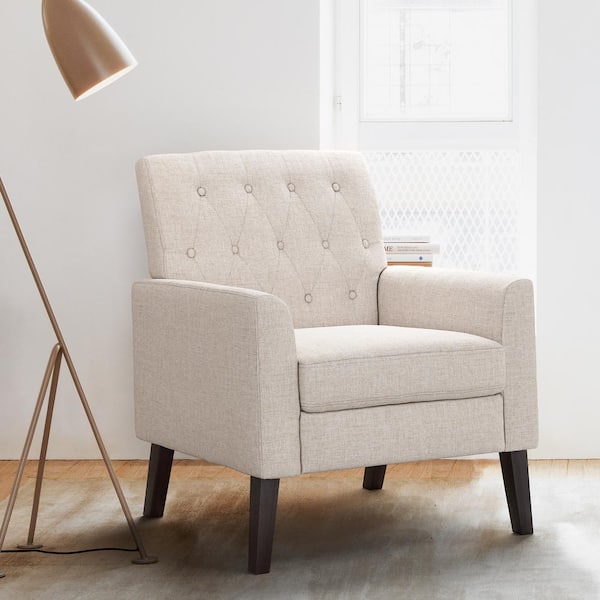 LUE BONA Beige Linen and Walnut Legs Mid Century Modern Button Tufted Accent Chair