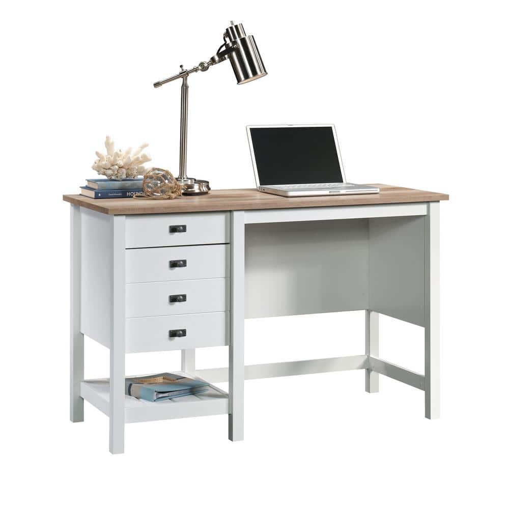 Soft White Coastal Home Office Desk with Lintel Oak Accent