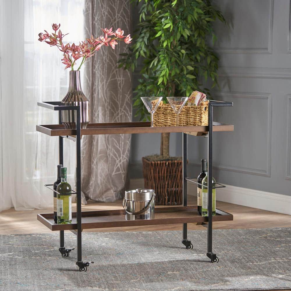Gerard Dark Walnut Industrial Wood Bar Cart with Storage