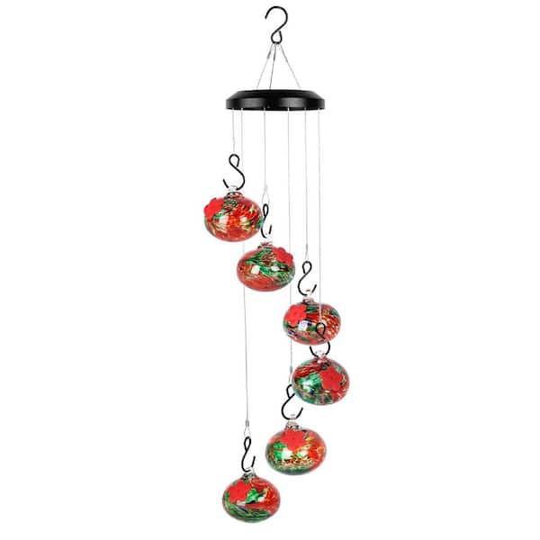 Justincity 6-Ball Red Glass Charming Wind Chimes Hummingbird Feeders 10 oz. Hanging Ant, Bee and Leak Proof Modern Nectar Feeder