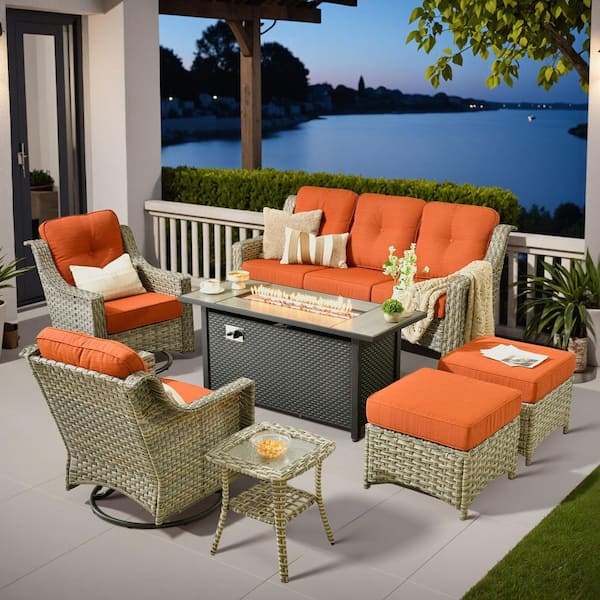 Cherry 7-Piece Wicker Outdoor Furniture Patio Fire Pit Conversation Sofa Set with Swivel Chairs and Orange Red Cushions