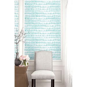 60.75 sq. ft. Teal and White Brush Marks Paper Unpasted Wallpaper Roll
