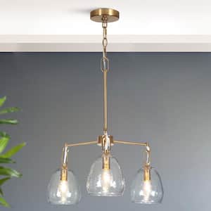 Modern 3-Light Plated Brass Island Chandelier for Dining Room with Dome Hammered Glass Shades and No Bulbs Included
