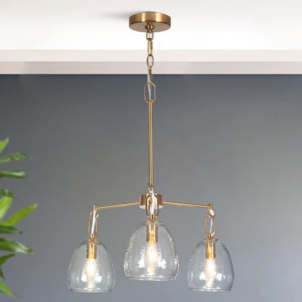LNC Modern 3-Light Plated Brass Island Chandelier for Dining Room with Dome Hammered Glass Shades and No Bulbs Included