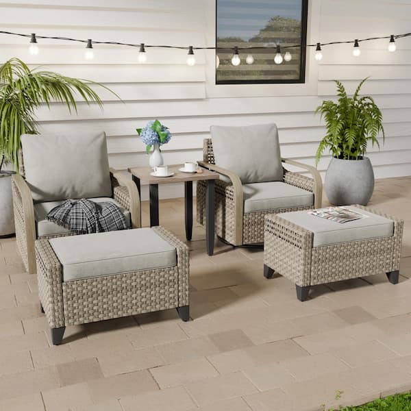 5-Piece Brown Wicker Outdoor Patio Conversation Set Swivel Rocking Chairs with Gray Cushions, Ottomans and Side Table
