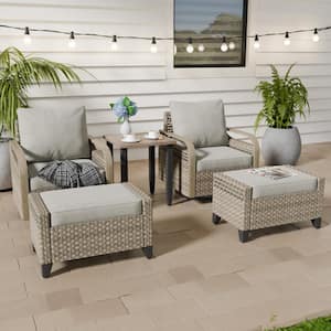 5-Piece Brown Wicker Outdoor Patio Conversation Set Swivel Rocking Chairs with Gray Cushions, Ottomans and Side Table