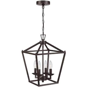 4-Light Bronze Adjustable Height Square Cage Pendant Hanging Lighting Fixture