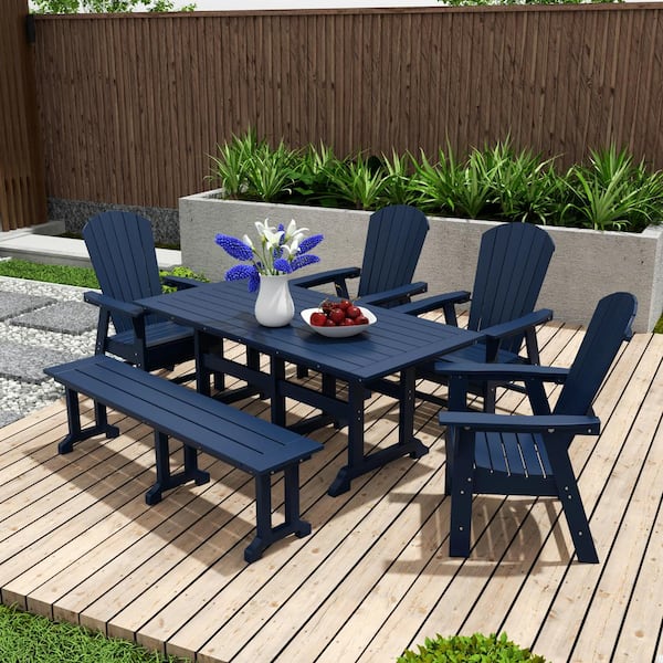 WESTIN OUTDOOR Altura Outdoor Patio Weather Resistant 6-Piece HDPE Plastic Navy Blue Rectangle Adirondack Dining Set With Bench