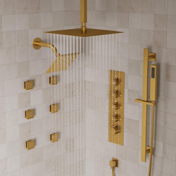 Thermostatic 15-Spray 16 in.and 6 in.Ceiling Mount Dual Shower Head 2.5 GPM with 6-Jets in Brushed Gold (Valve Included)