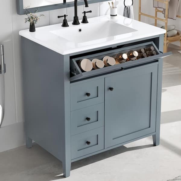 30 in. Freestanding Blue Gray Bath Vanity with White Ceramic Top 3 Drawers and Adjustable Shelf
