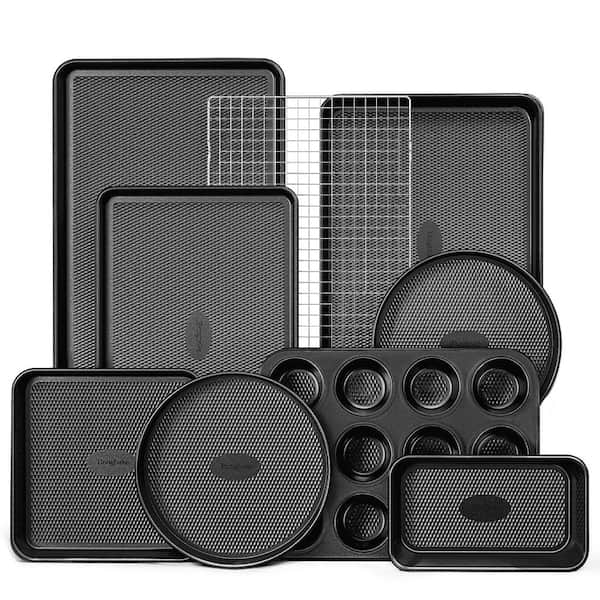 9-Piece Baking Pans Set with Diamond Texture Includes Cookie Sheet with Rack, Cake Pan, Roasting Pan, Muffin Tin