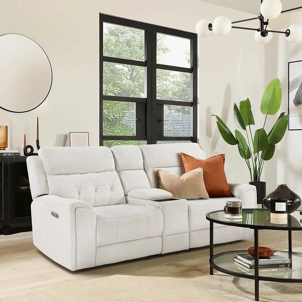 Korlan 84.5 in W Microfiber 2-Seater Power Double Reclining Love Seat with Center Console in Beige