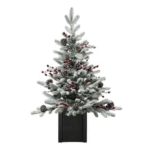 3 ft. Unlit Flocked Stockhorn Artificial Christmas Tree with Black Wooden Pot