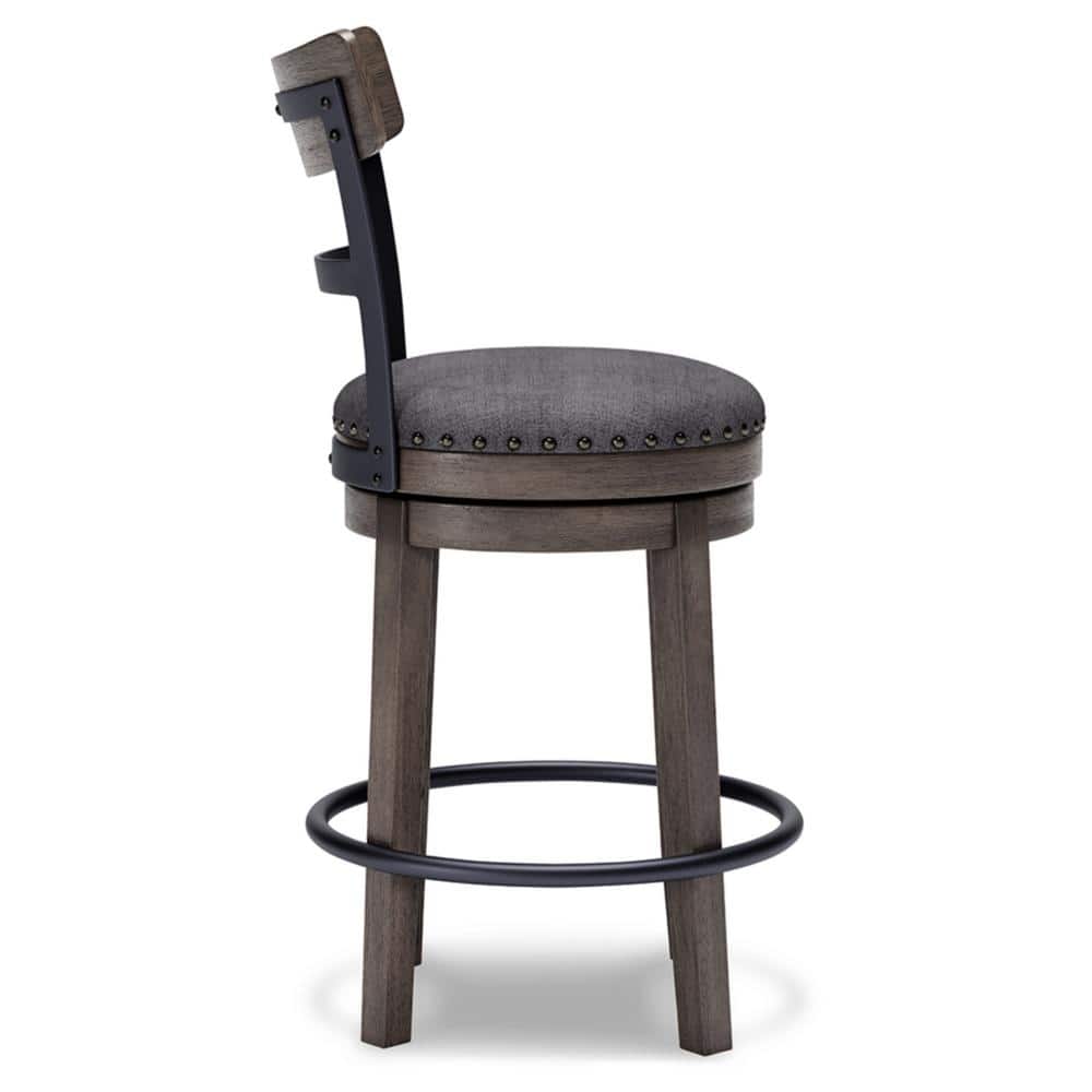 Gray Medium Wood and Metal Swivel Bar Stool with Nailhead Trim