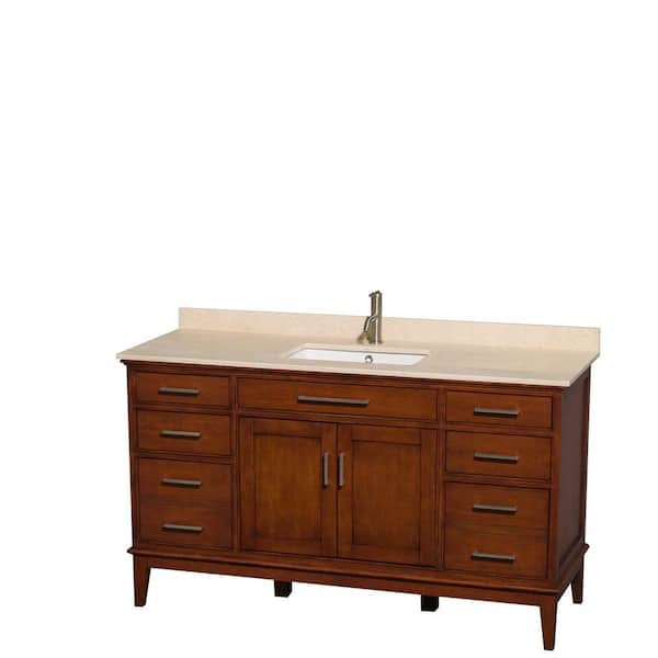 Wyndham Collection Hatton 60 in. Vanity in Light Chestnut with Marble Vanity Top in Ivory and Square Sink