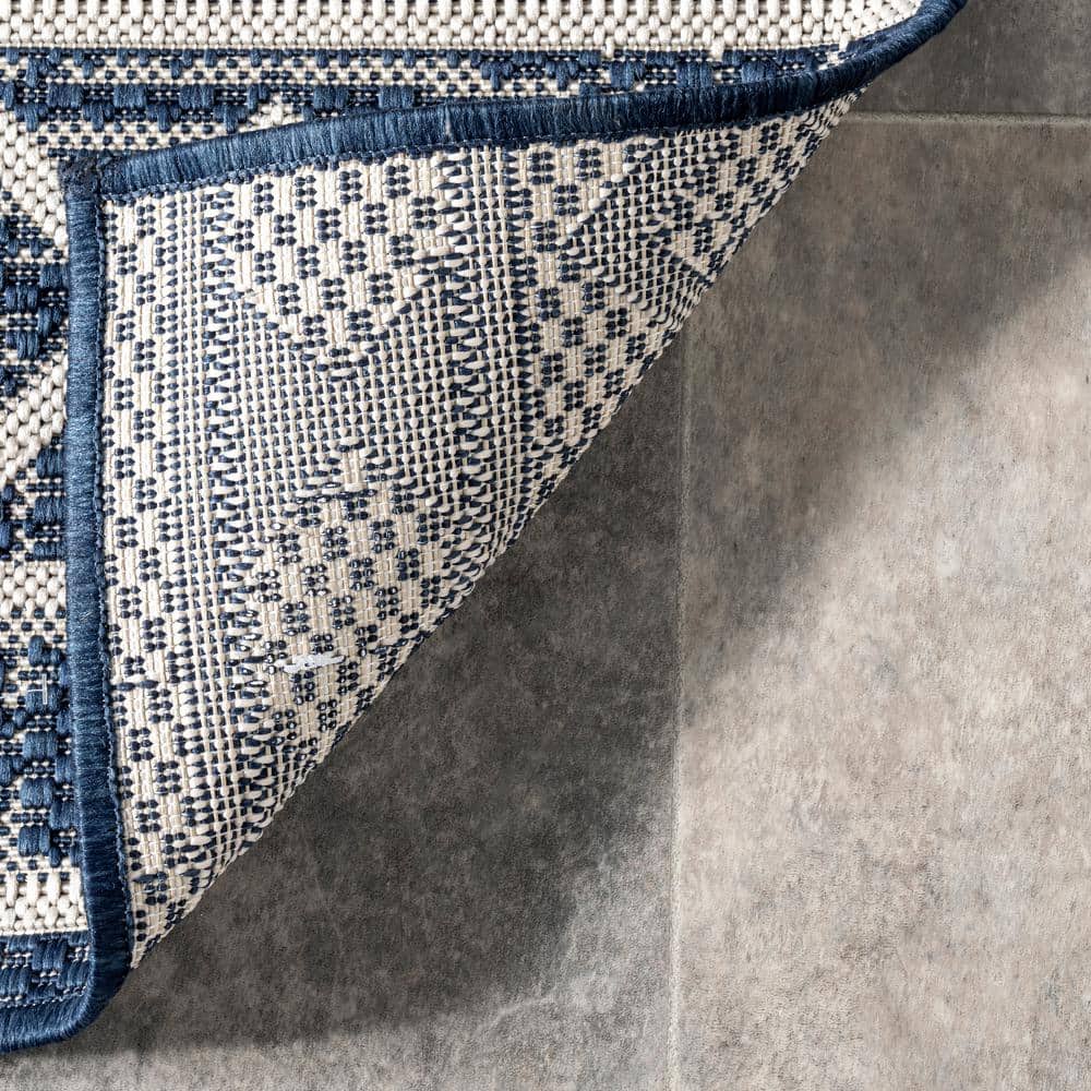 Navy and Ivory Synthetic Diamond Pattern Runner Rug, 2' x 8'