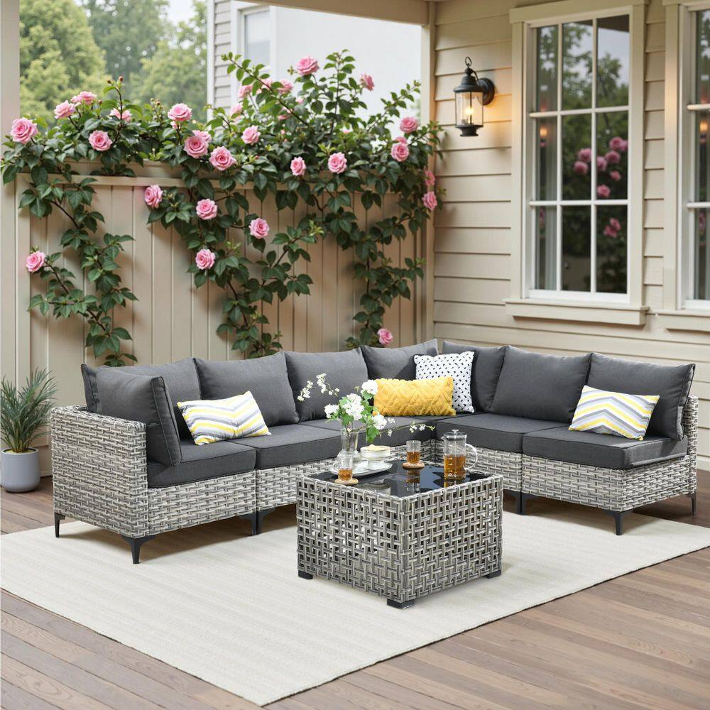 Holston 7-Piece Wicker Modern Outdoor Patio Conversation Sofa Sectional Set with a LED Table and Black Cushions price history on PriceWatchPro
