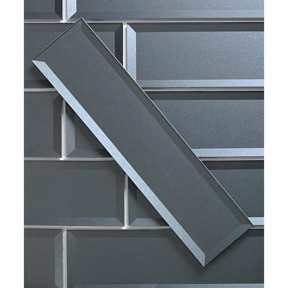 Secret Gray 4x16 Glossy Beveled Glass Subway Wall Tile