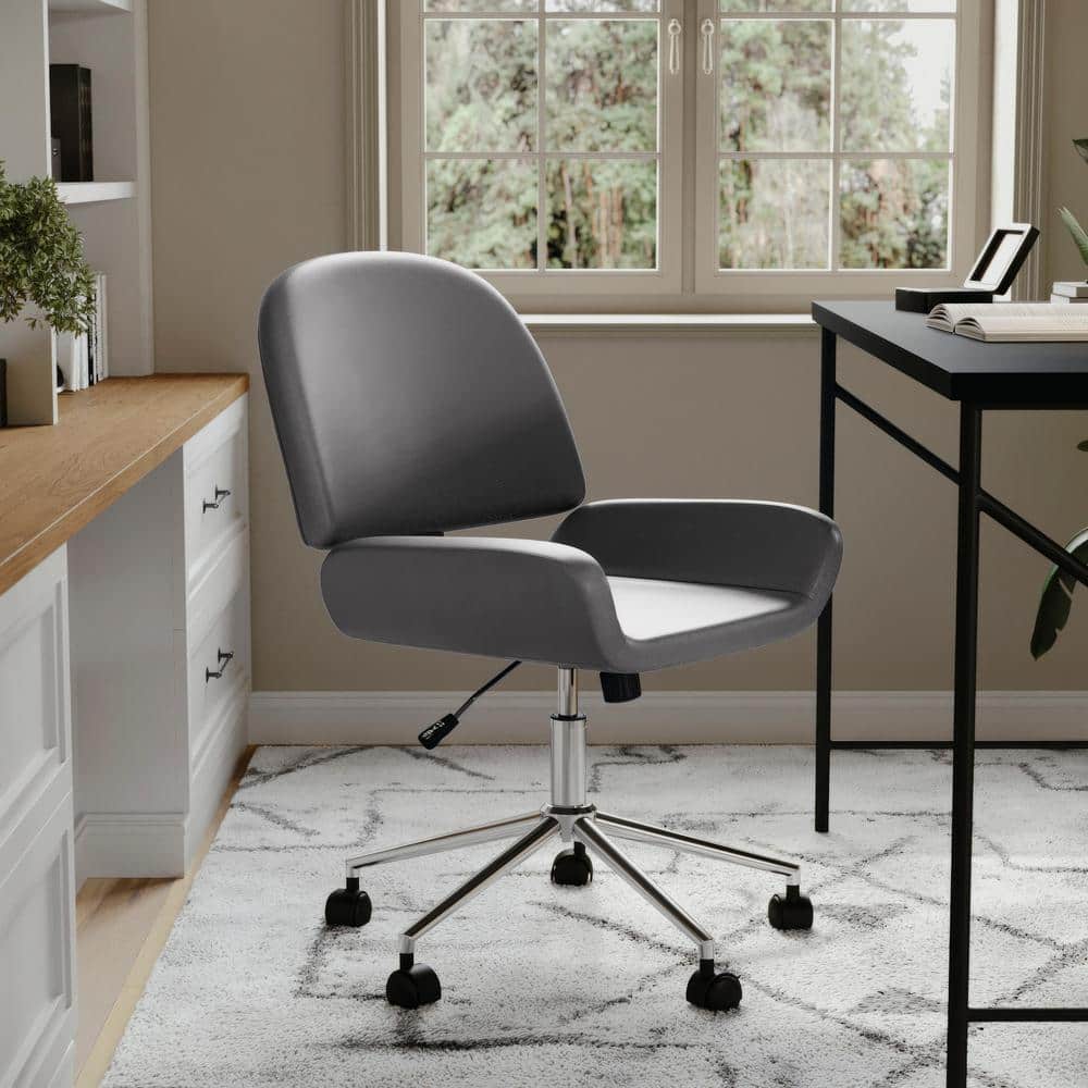 Gray Faux Leather Armless Swivel Office Chair with Polished Nickel Frame