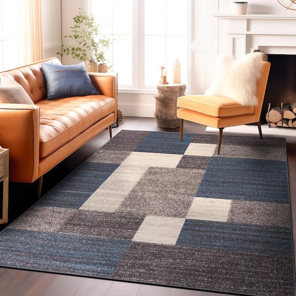 Geometric Boxes Design Non-Slip (Non-Skid) Blue 4 ft.  x 6 ft.  Indoor Area Rug
