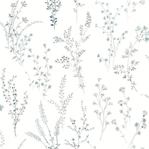 Blue and Green Wildflower Sprigs Matte Non Woven Paper Peel and Stick Wallpaper Roll