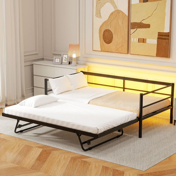 Black Twin Size Daybed with LED and Adjustable Trundle, Pop Up Trundle
