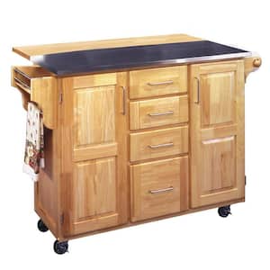 Natural Wood Kitchen Cart with Stainless Top and Breakfast Bar