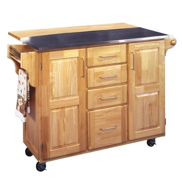 HOMESTYLES Natural Wood Kitchen Cart with Stainless Top and Breakfast Bar