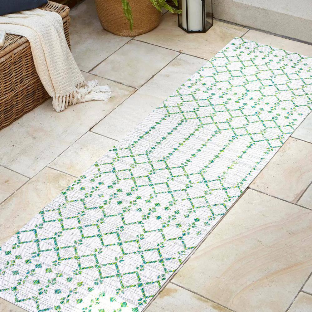 Green and Ivory Geometric Flat Woven Runner Rug