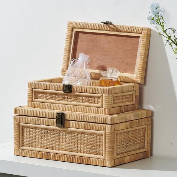poproom ラタンボックス Brown 12 in. x 5 in. Wicker Decorative Box with Lid Decorative