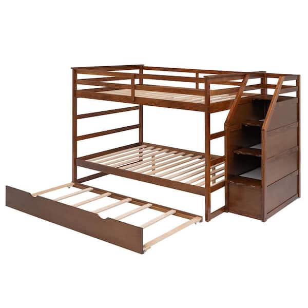 Harper & Bright Designs Walnut Full Over Full Wood Bunk Bed with Twin Size Trundle and Storage Stairs