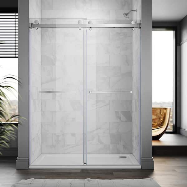 UNIKOO UKD01 61 to 65 in. W x 76 in. H Double Sliding Frameless Shower Door in Chrome, EnduroShield 3/8 in. Clear Glass