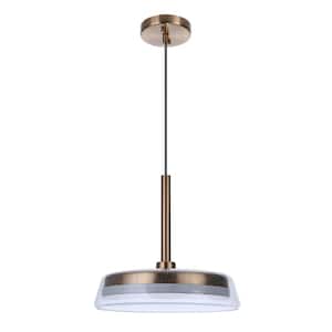 Centric 14 in. 15-Watt 1-Light Satin Brass Finish Integrated LED Dining/Kitchen Pendant Light with Seeded Glass