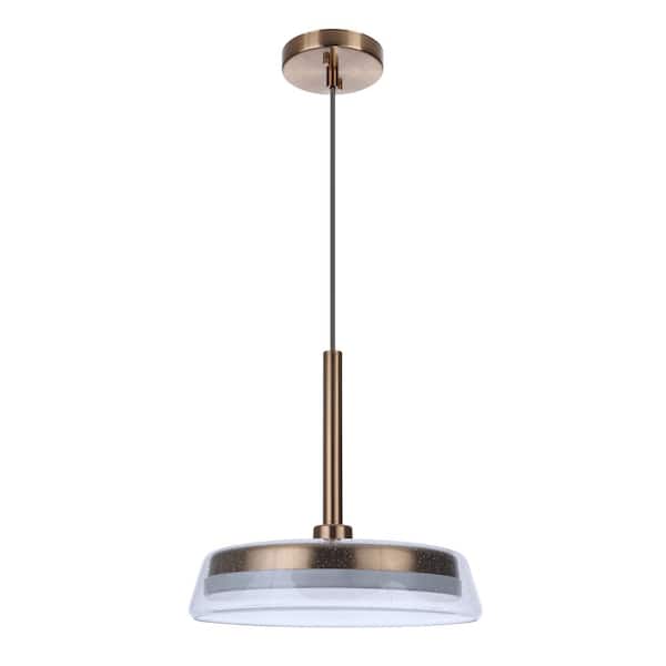 CRAFTMADE Centric 14 in. 15-Watt 1-Light Satin Brass Finish Integrated LED Dining/Kitchen Pendant Light with Seeded Glass